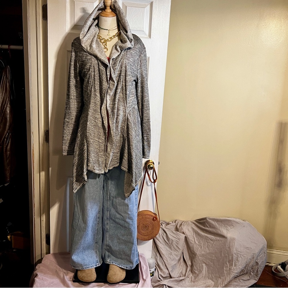New Max Studio Weekend Wms 100% Cotton Hooded Asymmetric‎ Lagenlook Cardigan L